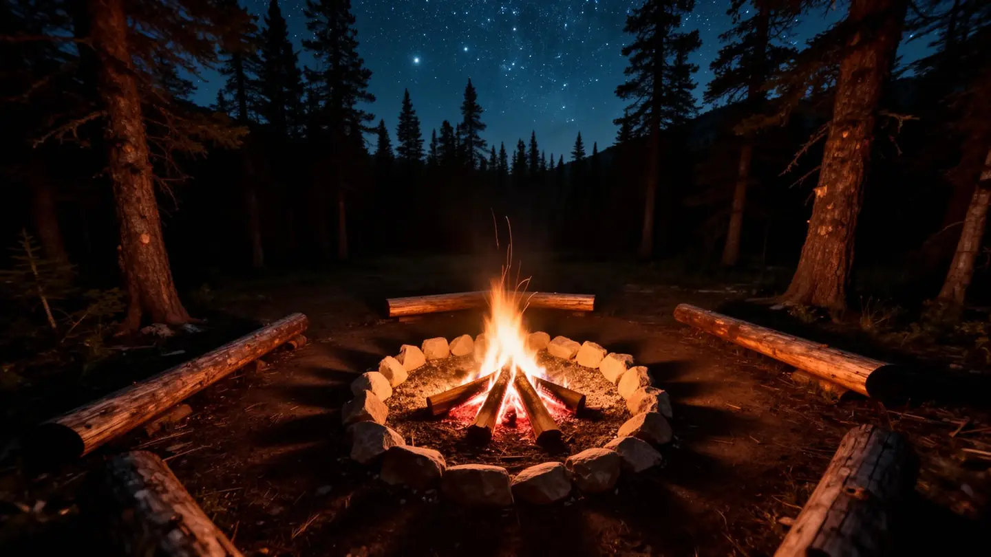 Campfire under a starry sky in a pine forest at the end of a day on the trail