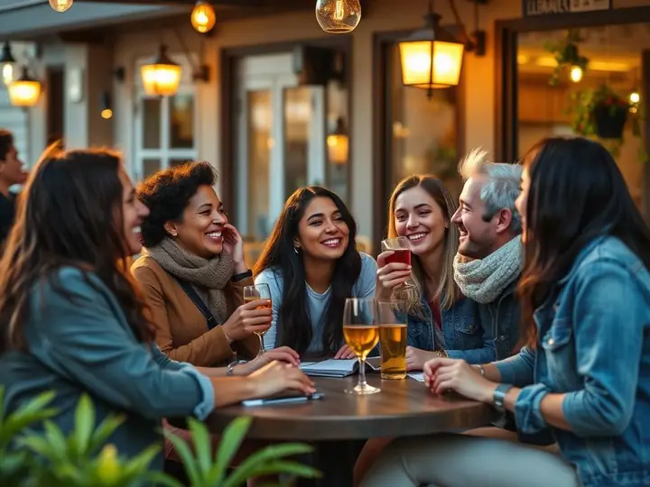 Group of friends sharing drinks at a cafe in Lisbon, Portugal