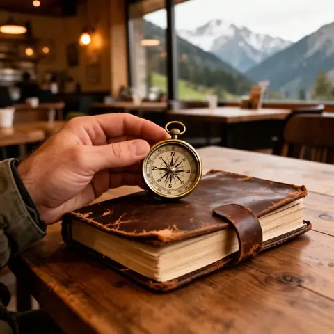 Leather travel journal and a brass compass on a café table, mountains outside the window